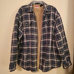 Wrangler Sherpa Lined Flannel Shirt Jacket Men Large Navy Plaid Warm Workwear